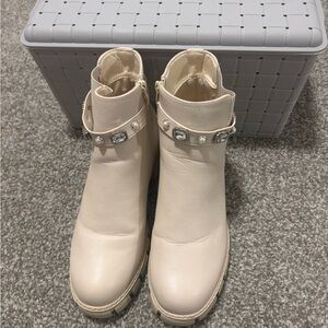 Chic Cream Ankle Boots with Embellished Strap